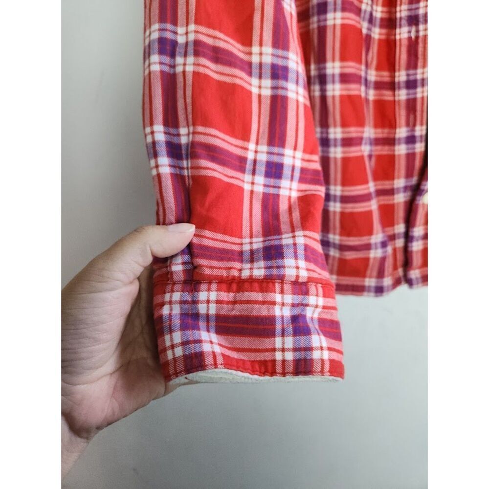L.L.Bean Women Red Blue Plaid Fleece Lined Flannel Shacket (Jacket/Shirt) Medium - Picture 10 of 11